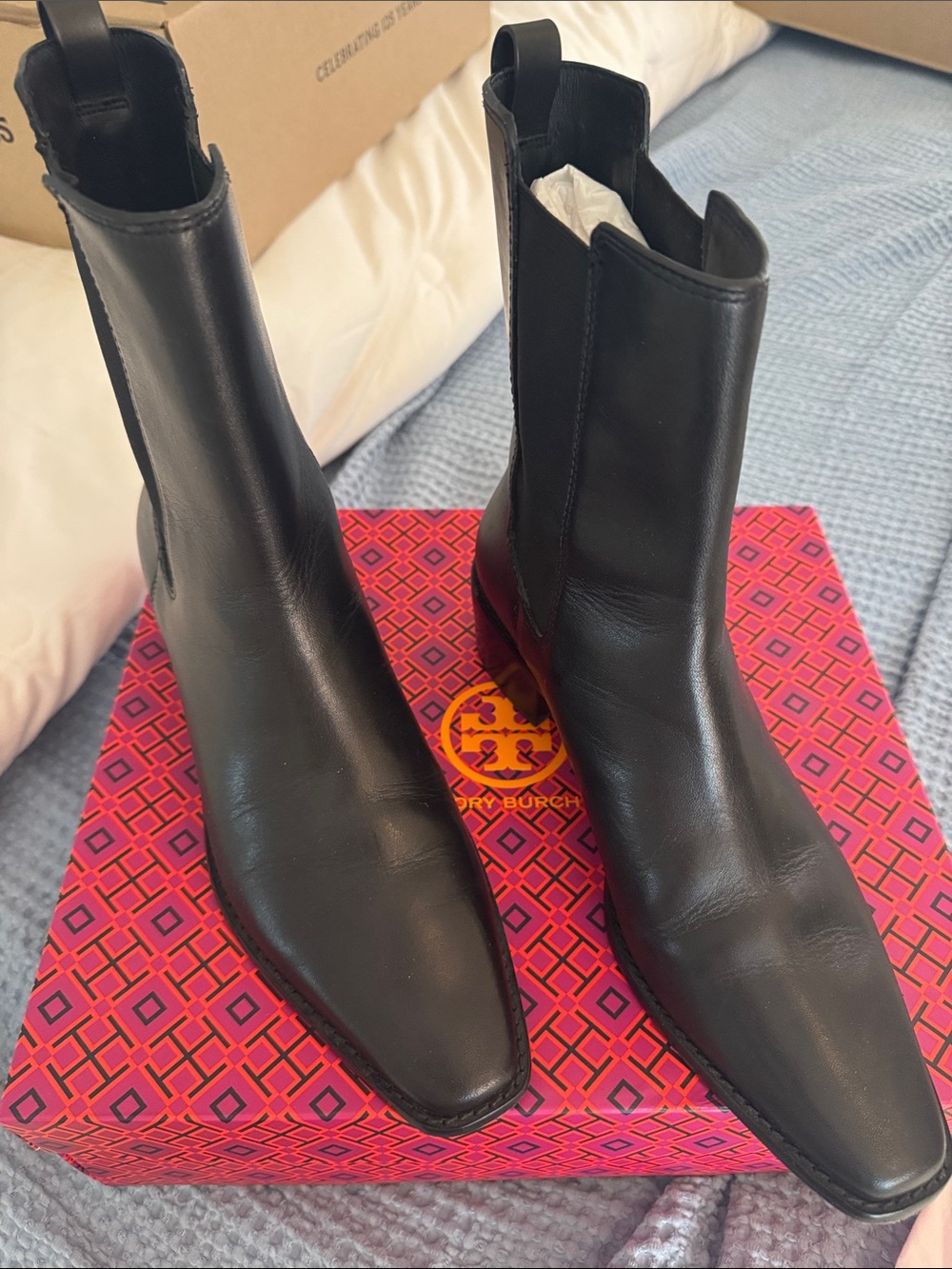 Tory Burch Black Leather Pointed Chelsea Booties